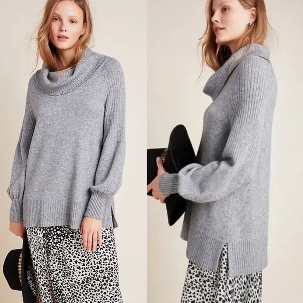 By Anthropologie Paloma Cowl Neck Balloon Sleeve Gray Knit Sweater Women's Size